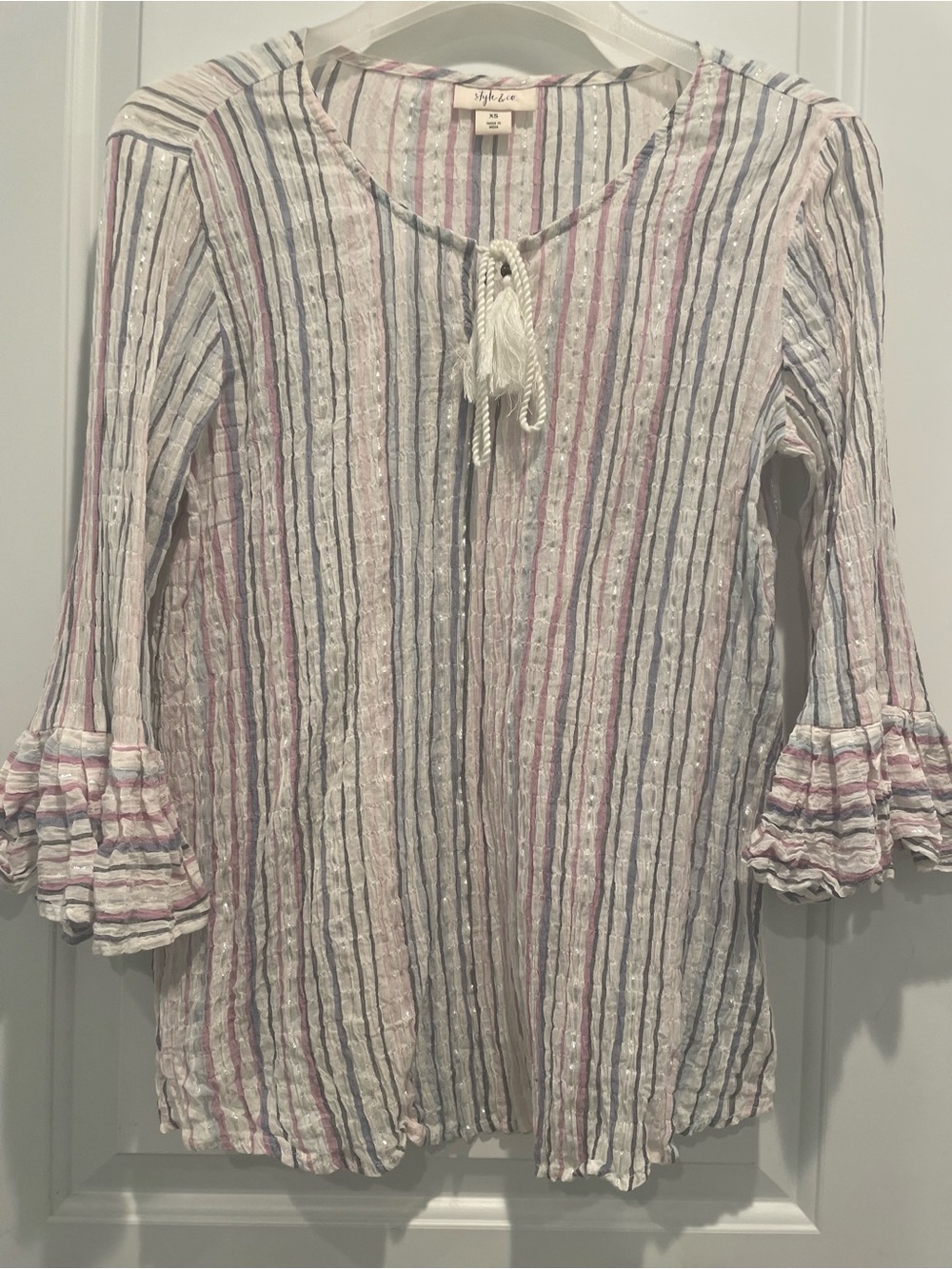 Style & Co. Striped Tie-Neck Peasant Tunic in Pink, White & Blue